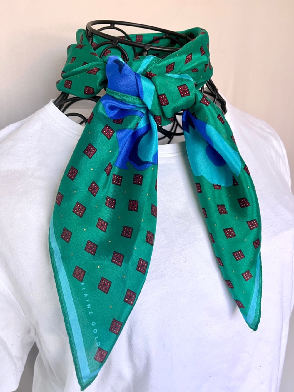 Elaine Gold Collection XIIX Silk Print Scarf Green Blue Floral 31”x31”
